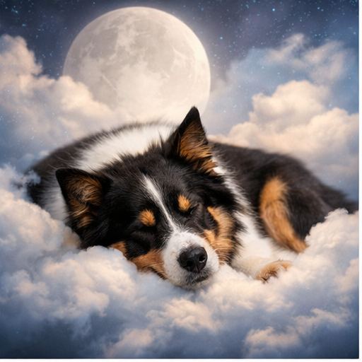 Cachorro de duas cores sentado em caminho dividido entre luz e sombra em ambiente simbólico