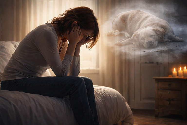 Mulher sentada na cama refletindo após sonhar com cachorro morto, simbolizando dor emocional