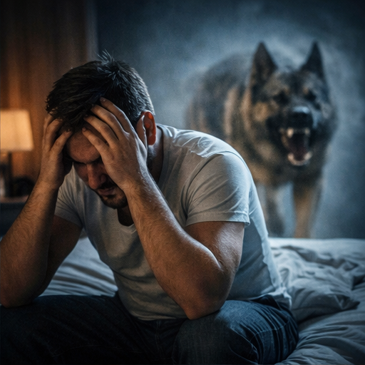 Homem sentado com expressão de ansiedade enquanto imagina um cachorro agressivo atrás dele, simbolizando tensão emocional.