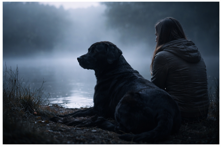 Pessoa sentada ao lado de um cachorro preto em paisagem silenciosa, representando reflexão emocional