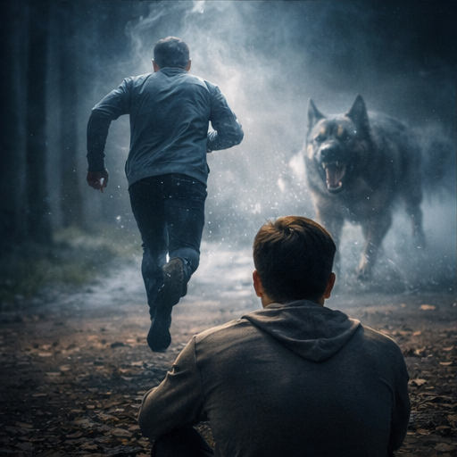Pessoa fugindo em um caminho escuro enquanto um cachorro corre atrás, criando uma atmosfera de medo e urgência.