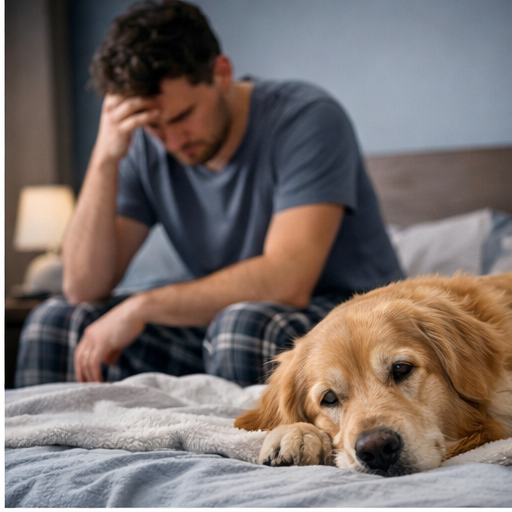 Pessoa preocupada ao lado de um cachorro doente, simbolizando o sonho com cachorro doente