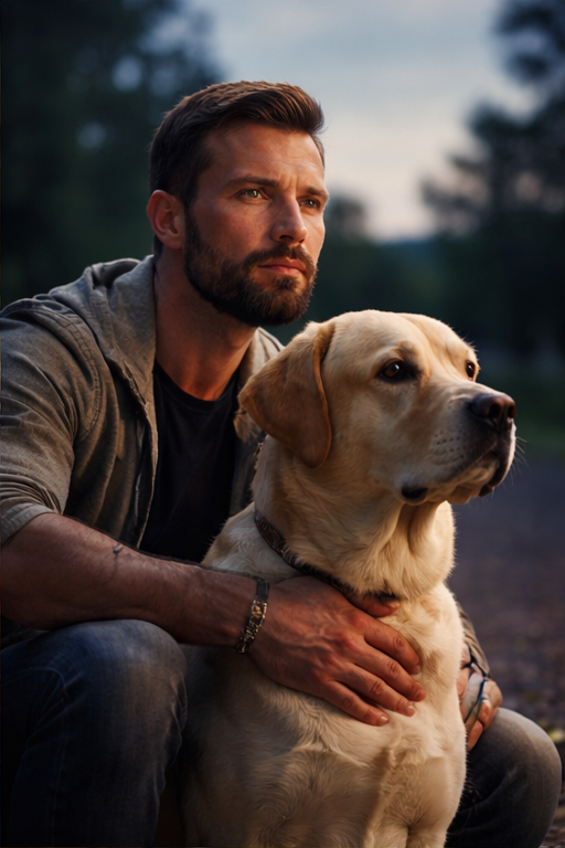 Pessoa sentada com cachorro atento e protetor ao seu lado em ambiente tranquilo