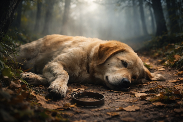 Cachorro morto em ambiente natural, transmitindo sensação de perda e encerramento de ciclo