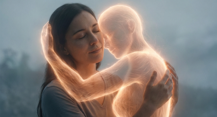 Pessoa abraçando figura materna feita de luz em um sonho transmitindo amor e conforto