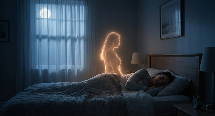 Pessoa dormindo enquanto uma figura materna luminosa aparece em sonho representando proteção e saudade