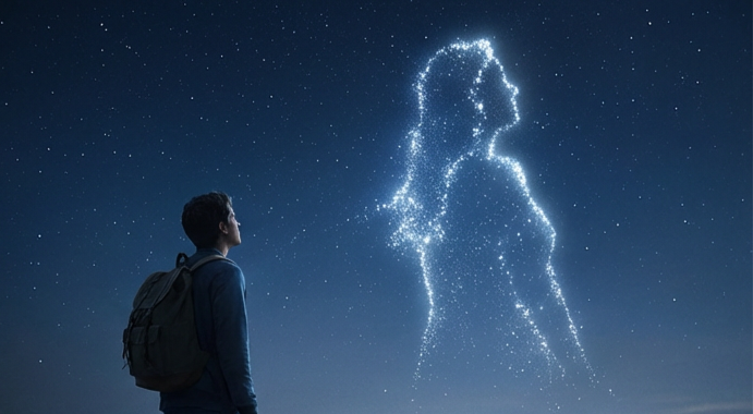 Pessoa olhando para figura feminina luminosa no céu estrelado representando conexão espiritual com a mãe