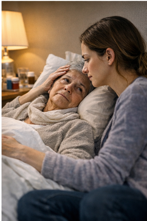 Filha cuidando da mãe doente em casa, simbolizando amor, proteção e vínculo familiar