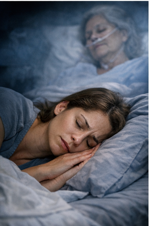 Mulher dormindo tendo sonho com mãe doente ao fundo, simbolizando preocupação emocional