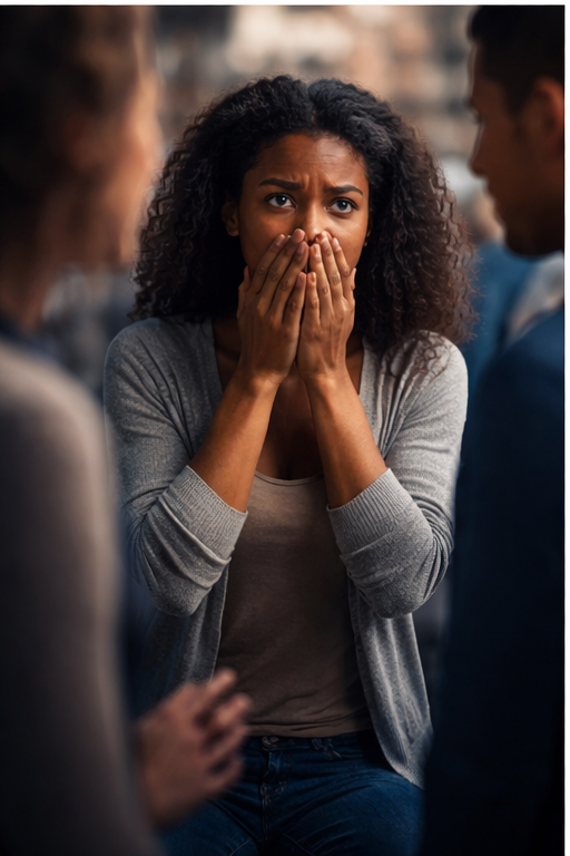 Mulher em situação social cobrindo a boca demonstrando medo de falar ou se expressar