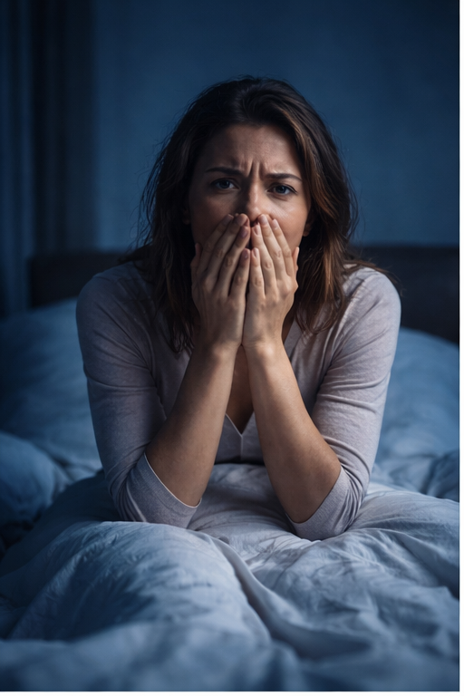 Mulher angustiada na cama cobrindo a boca, representando sonho em que não consegue falar
