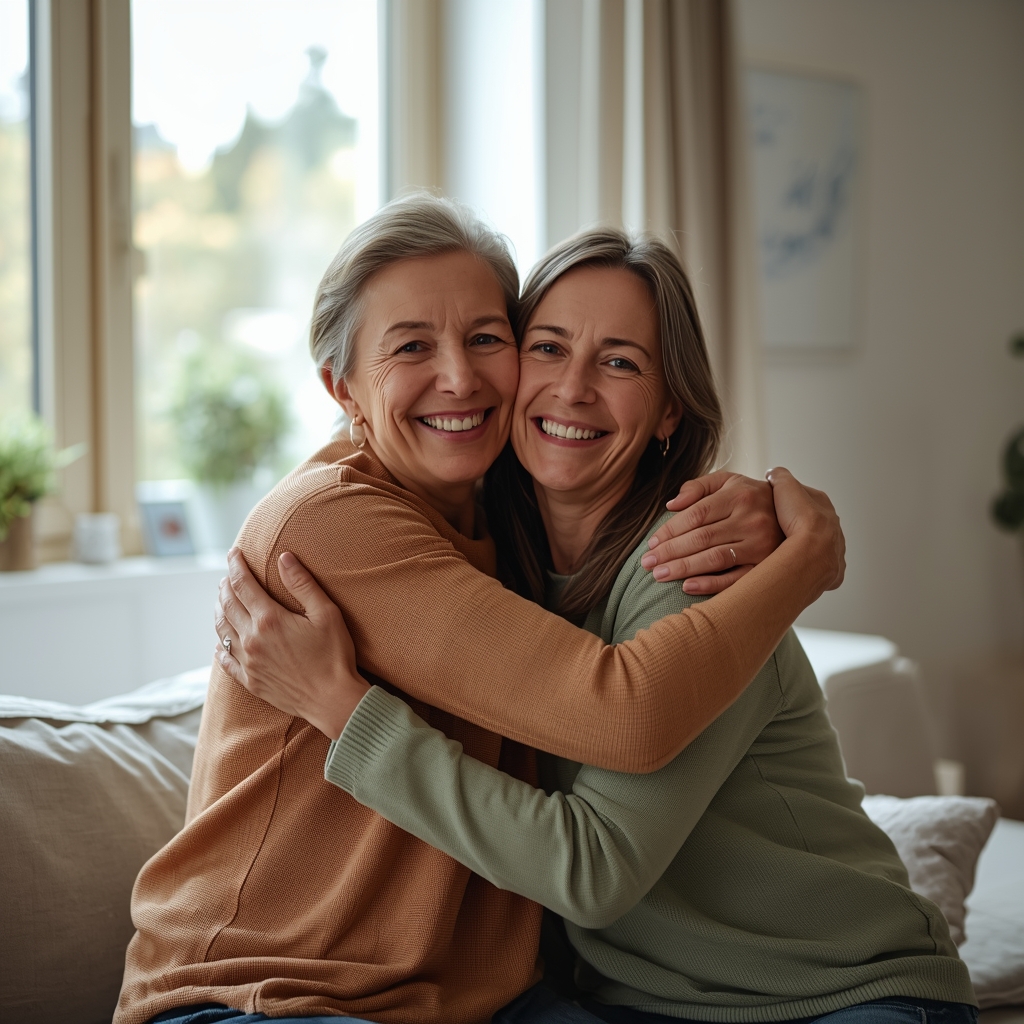 Mãe e filha adultas se abraçando em casa em um momento de carinho e acolhimento