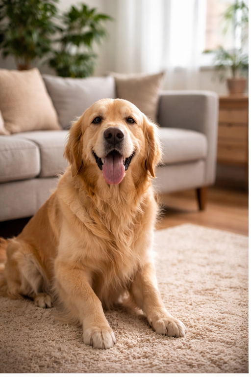 Cachorro feliz sentado na sala de estar dentro de casa com ambiente aconchegante