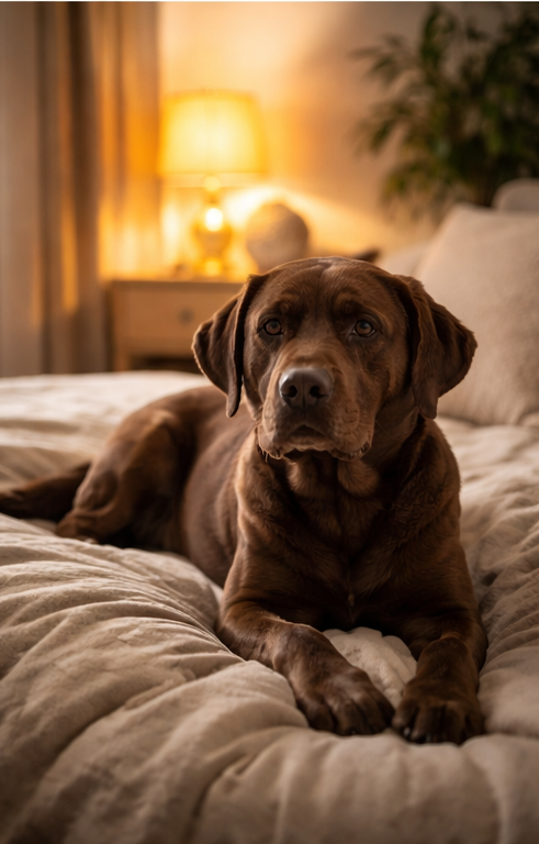 Cachorro deitado na cama dentro de casa em ambiente calmo e aconchegante