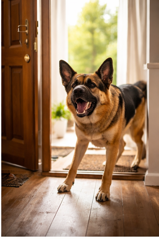 Cachorro em pé na porta de casa com expressão alerta observando o ambiente