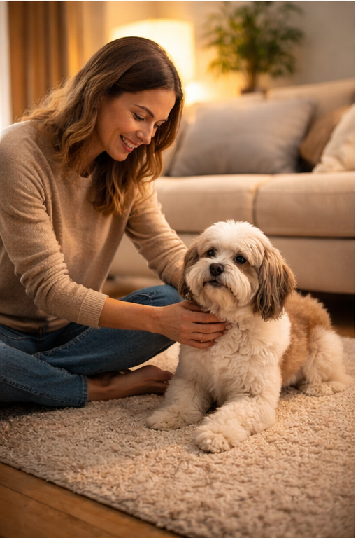 Pessoa acariciando cachorro pequeno dentro de casa em ambiente acolhedor