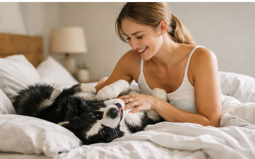 Pessoa acariciando cachorro na cama representando afeto e conexão emocional no sonho