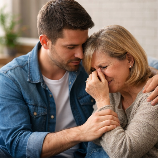 Mãe chorando sendo consolada pelo filho, representando significado de sonhar com mãe chorando