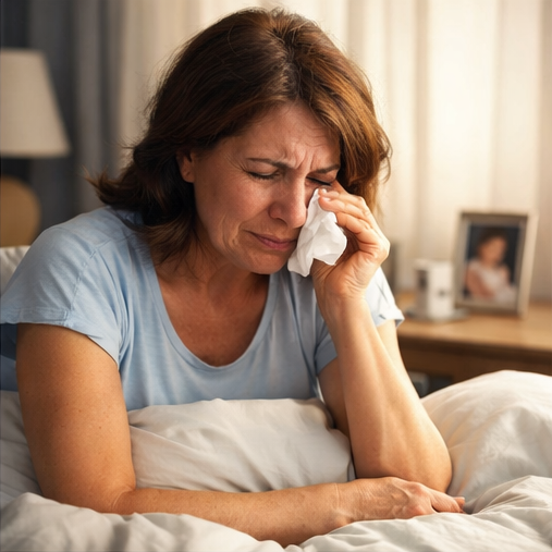 Mãe chorando sozinha na cama simbolizando tristeza e interpretação de sonho com mãe chorando
