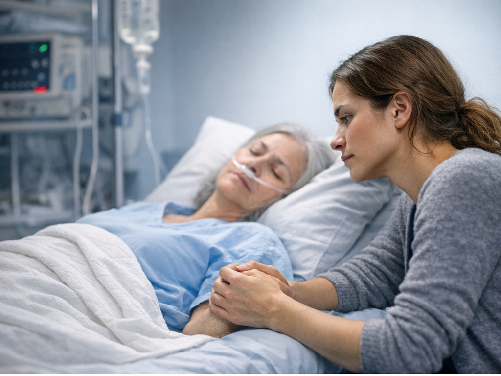 Mãe doente em hospital sendo segurada pela filha, representando sonho com mãe doente