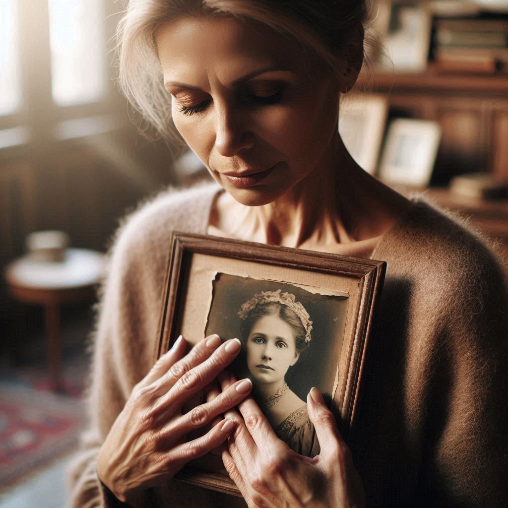 Mulher segurando foto da mãe com expressão de saudade e emoção