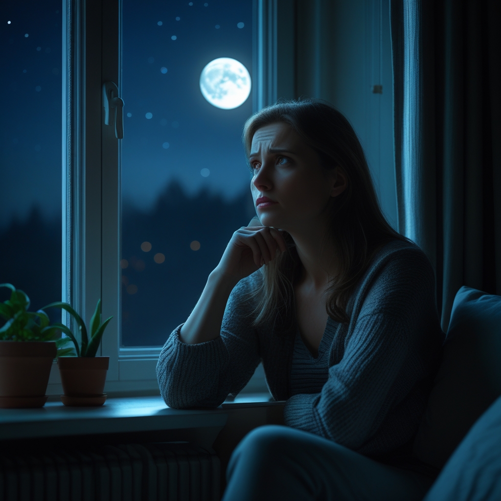 Mulher pensativa olhando pela janela à noite refletindo sobre sonho com mãe doente