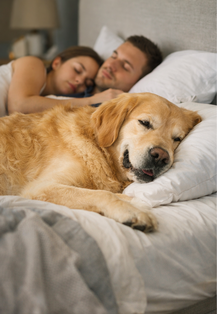 Sonhar com cachorro na cama simbolizando proteção, lealdade e segurança emocional
