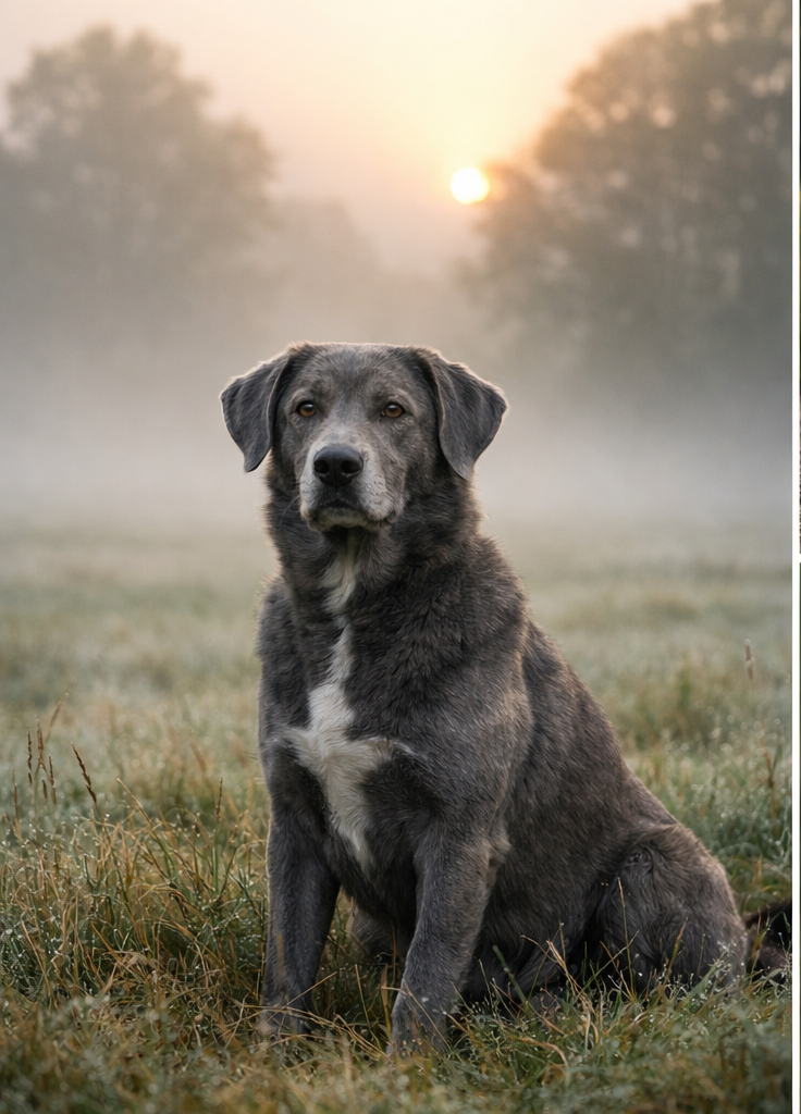 Cachorro cinza sentado em um campo com neblina ao amanhecer representando o significado de sonhar com cachorro cinza