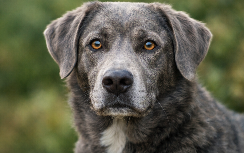 Close de cachorro cinza olhando para frente representando interpretação de sonhos com cachorro