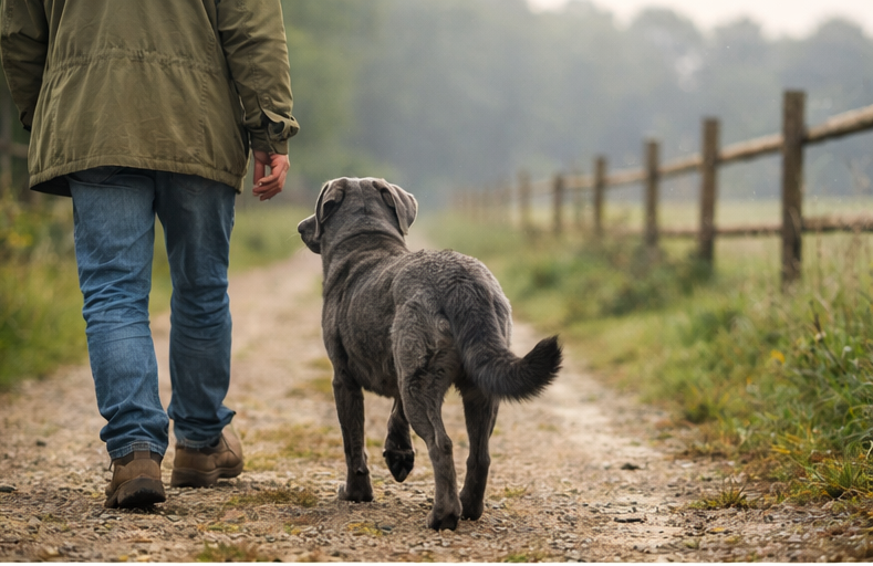 Cachorro cinza caminhando ao lado de uma pessoa em uma estrada rural simbolizando lealdade e amizade nos sonhos