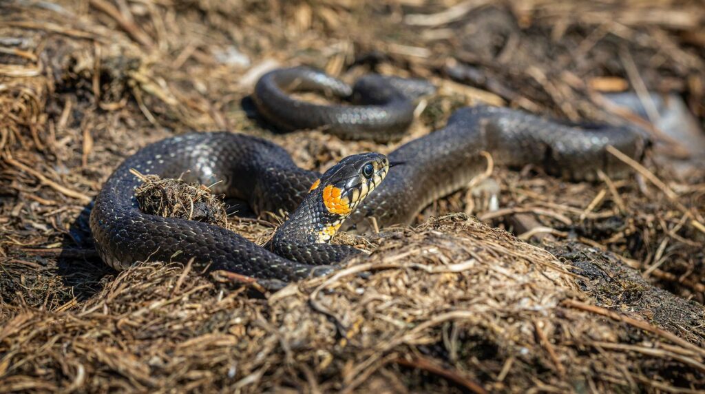 Cobra preta rastejando no chão, imagem do sonho com cobra preta