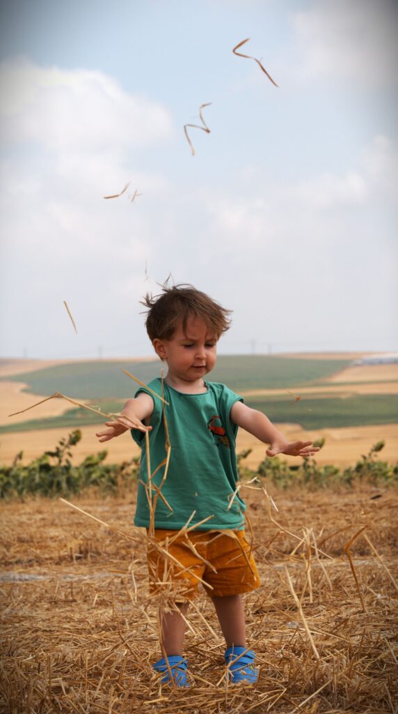 Criança brincando no campo de trigo, sonho com criança